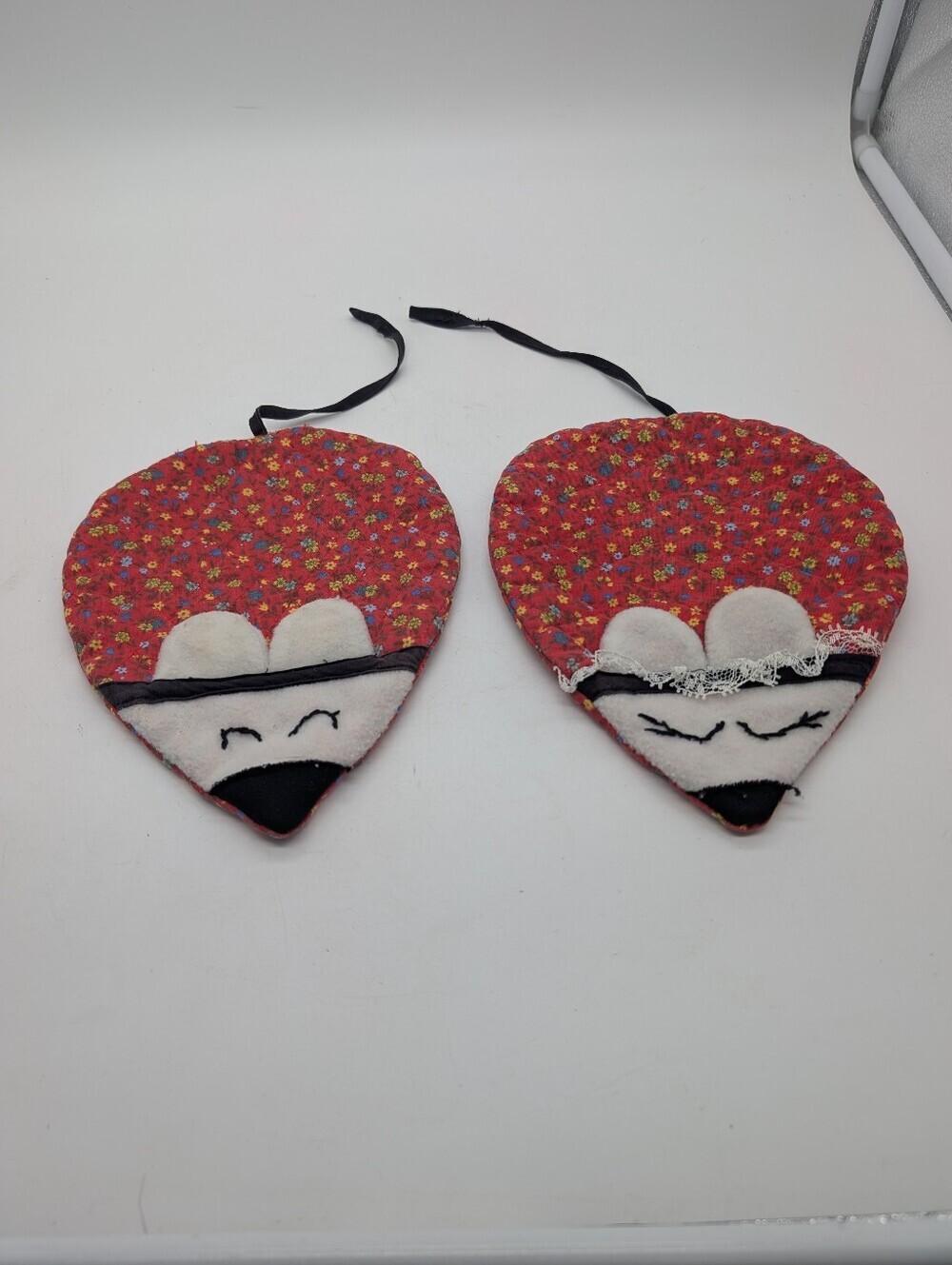Vintage Handmade Quilted Mouse Pot Holders Pair Red Calico Boy Girl  Hot Pads